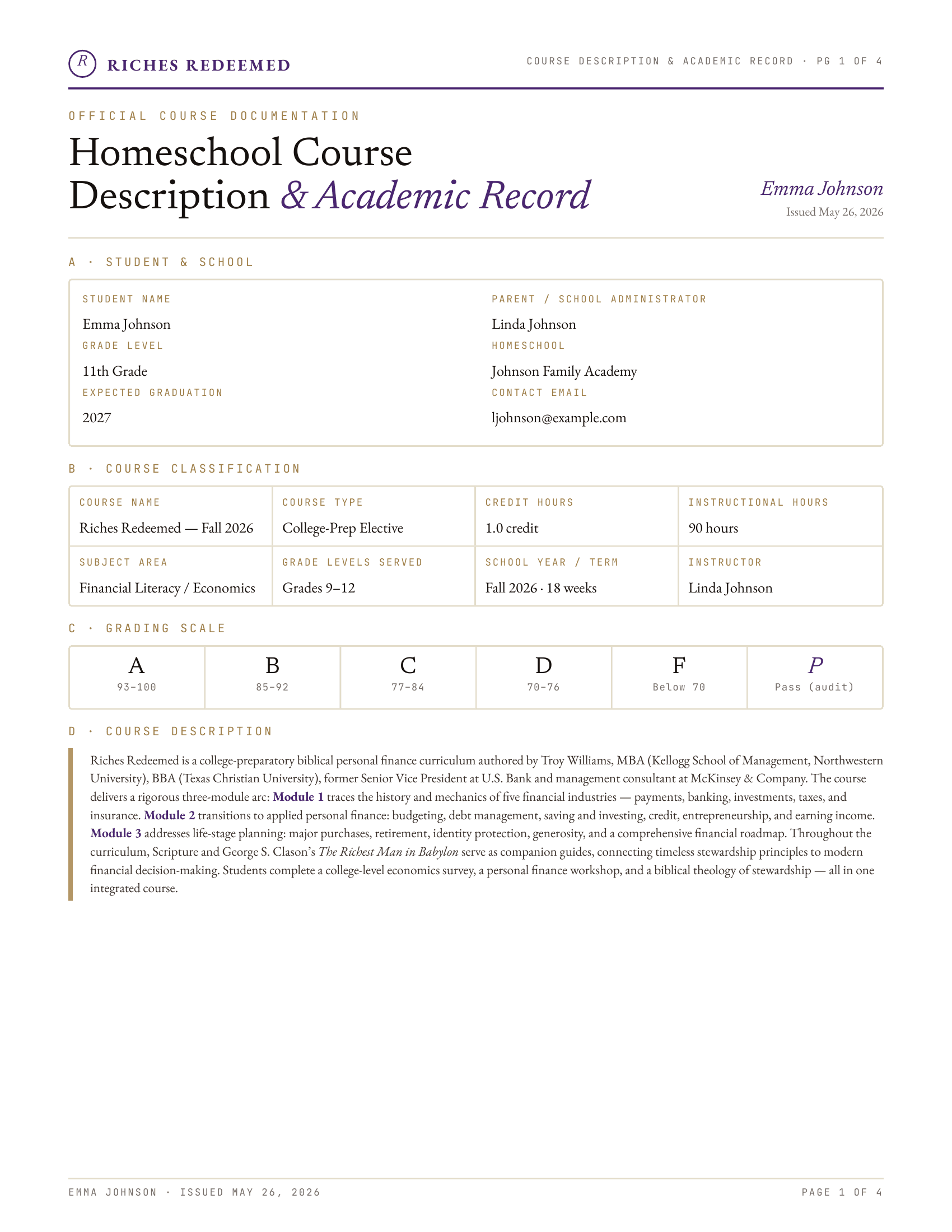 Sample Course Documentation PDF showing cover page with student info, grading scale, and course description